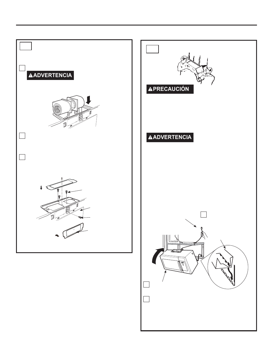 Instrucciones de instalación, Cómo montar el horno c4, Cómo adaptar el calefactor para la recirculación | Precaución, Advertencia | GE Profile Advantium Series 30 Inch Over-the-Range Microwave Oven Installation Guide User Manual | Page 45 / 48