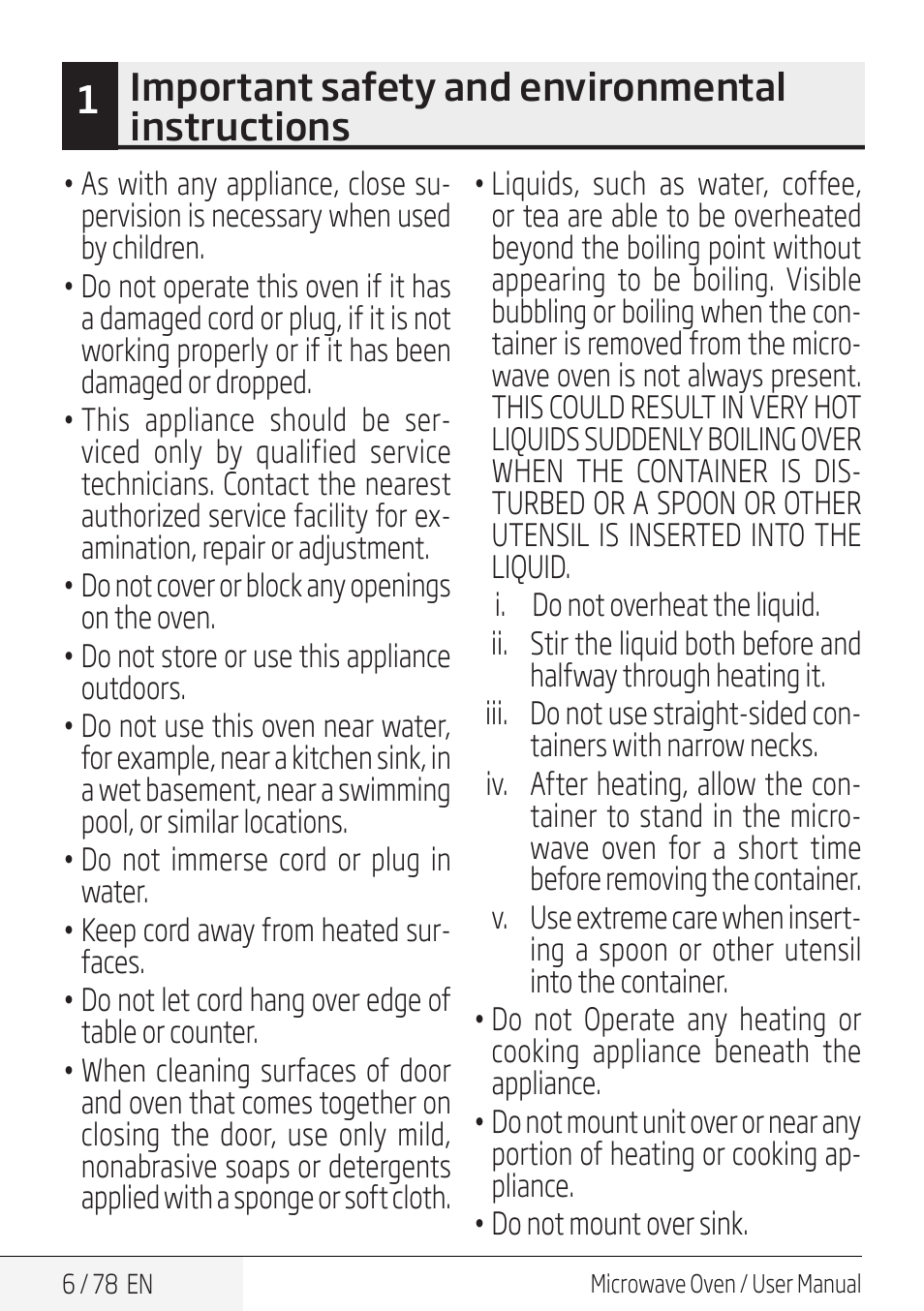 1important safety and environmental instructions | Beko 30 Inch Over the Range Convection Microwave Owner Manual User Manual | Page 6 / 80