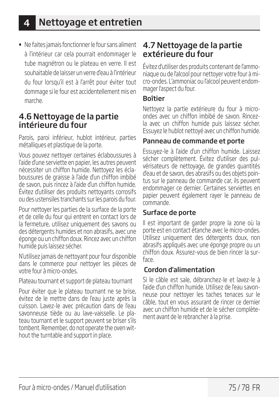 4nettoyage et entretien, 75 / 78 fr | Beko 30 Inch Over the Range Convection Microwave Owner Manual User Manual | Page 75 / 80