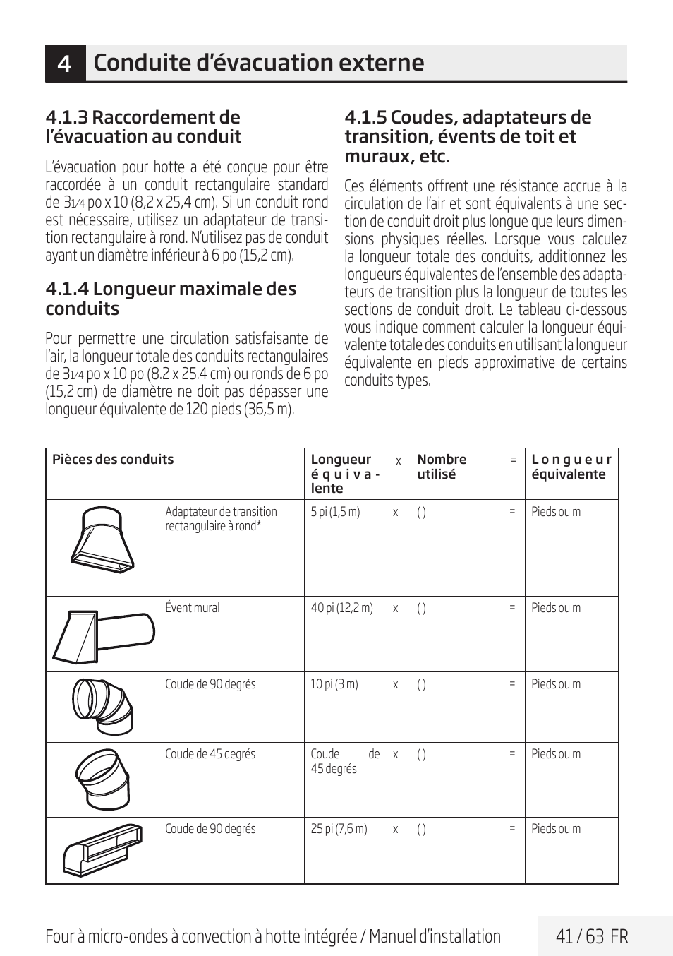 4conduite d'évacuation externe, 41 / 63 fr, 3 raccordement de l’évacuation au conduit | 4 longueur maximale des conduits | Beko 30 Inch Over the Range Convection Microwave Installation Guide User Manual | Page 41 / 64