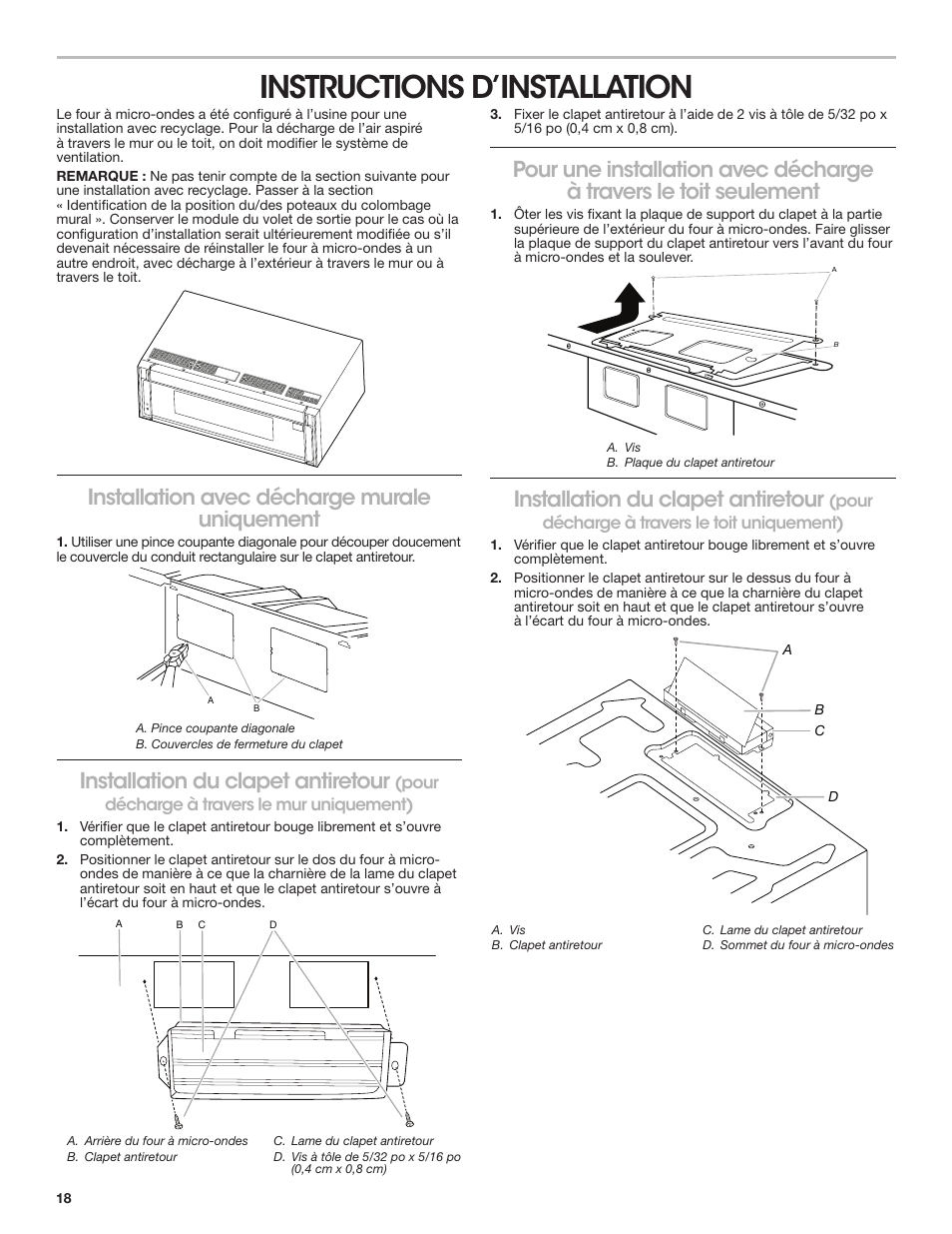 Instructions d’installation, Installation avec décharge murale uniquement, Installation du clapet antiretour | KITCHENAID 30 Inch Over-The-Range Microwave Installation Instructions User Manual | Page 18 / 28