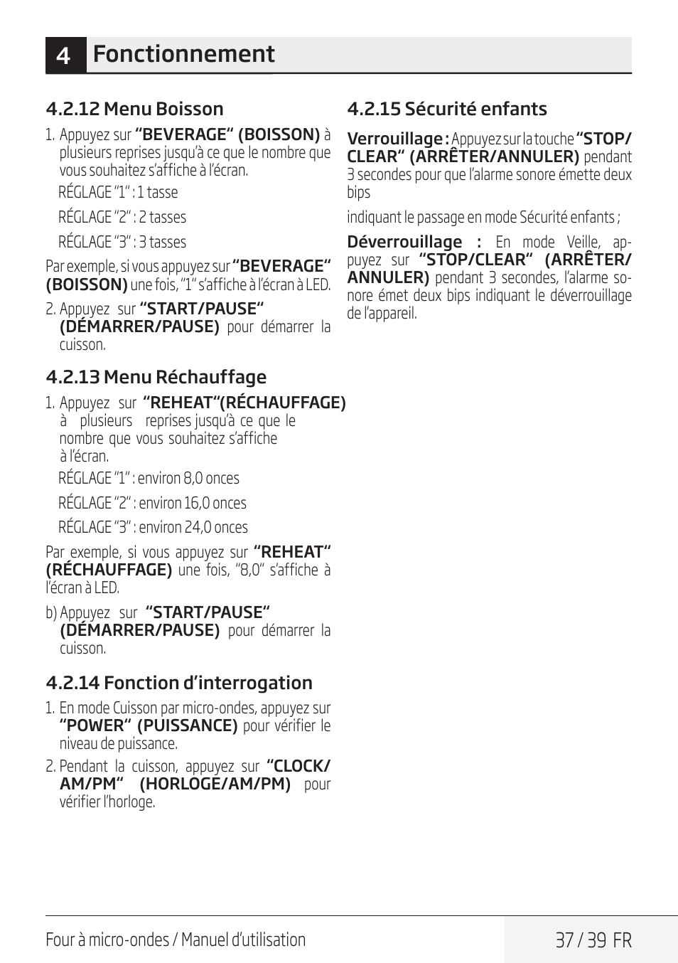 4fonctionnement, 37 / 39 fr | Beko 30 Inch Over the Range Microwave Owner Manual User Manual | Page 37 / 40