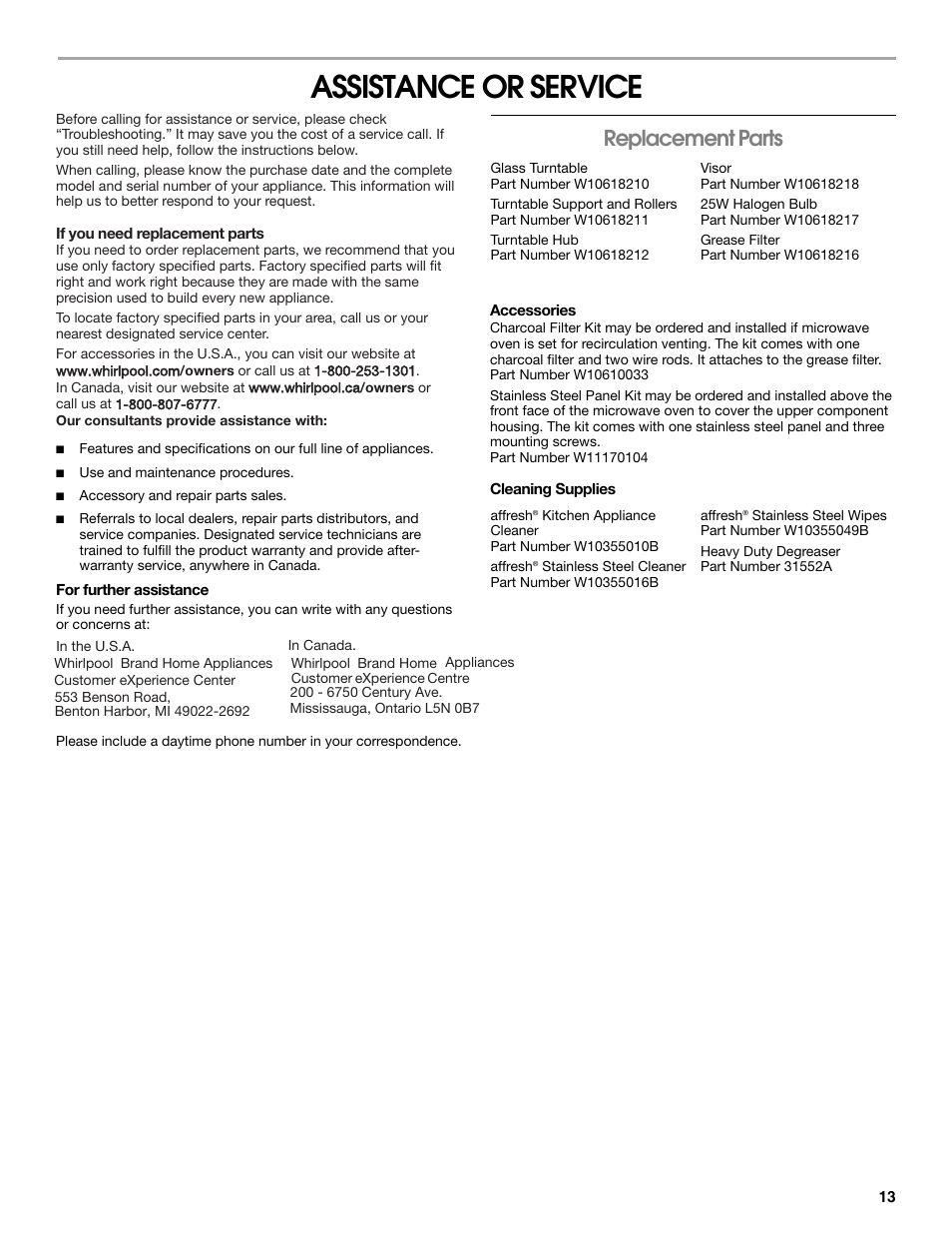 Assistance or service, Replacement parts | Whirlpool 24 Inch Over-the-Range Microwave Hood Combo Owner's Manual User Manual | Page 13 / 27