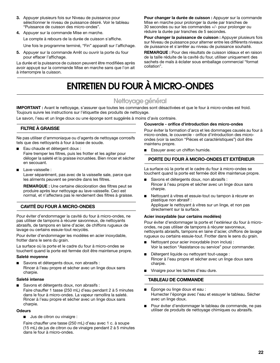 Entretien du four à micro-ondes, Nettoyage général | Whirlpool 24 Inch Over-the-Range Microwave Hood Combo Owner's Manual User Manual | Page 22 / 27