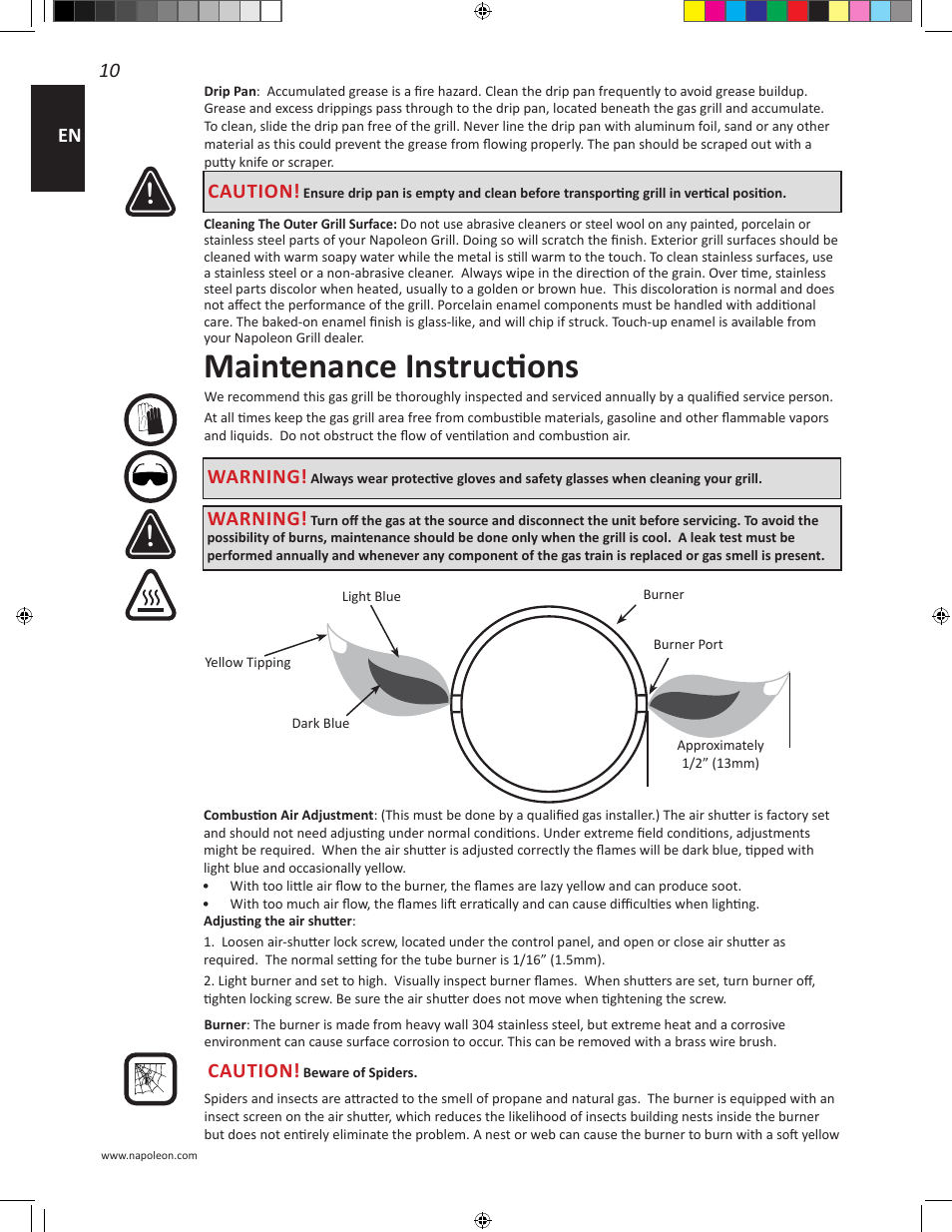 Maintenance instructions, 10 en, Caution | Warning | Napoleon Travel Q Series 26 Inch TravelQ™ 240 Portable Gas Grill Manual User Manual | Page 10 / 32