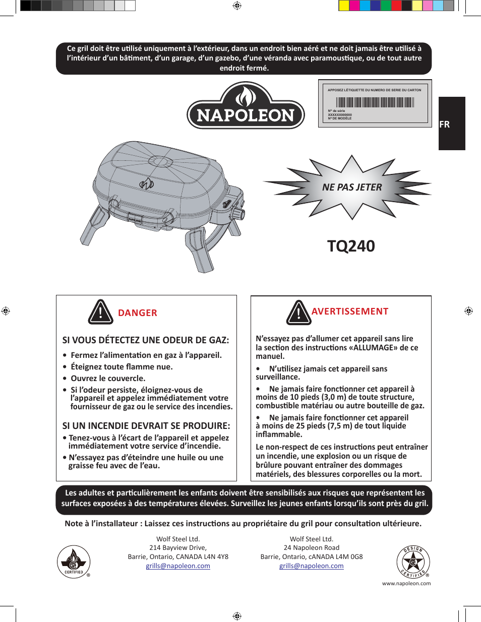 Tq240, Ne pas jeter, 15 fr | Avertissement, Danger si vous détectez une odeur de gaz, Si un incendie devrait se produire | Napoleon Travel Q Series 26 Inch TravelQ™ 240 Portable Gas Grill Manual User Manual | Page 15 / 32
