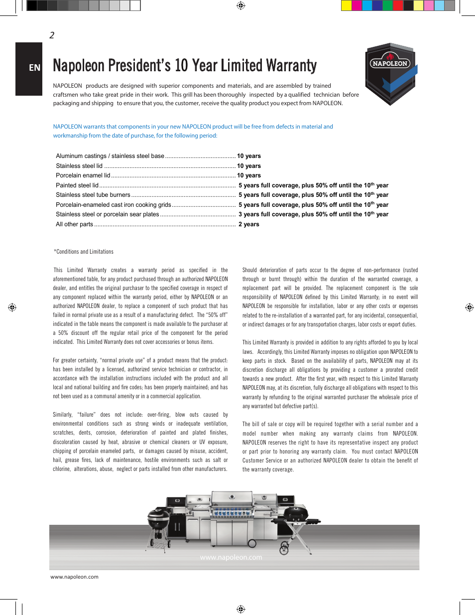 Napoleon president’s 1 0 year limited warranty | Napoleon Travel Q Series 26 Inch TravelQ™ 240 Portable Gas Grill Manual User Manual | Page 2 / 32