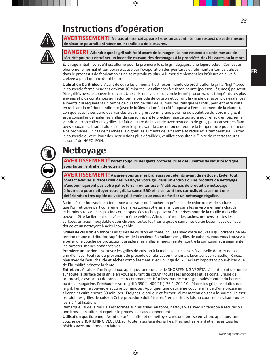 Instructions d’opération, Nettoyage, 23 fr | Avertissement, Danger | Napoleon Travel Q Series 26 Inch TravelQ™ 240 Portable Gas Grill Manual User Manual | Page 23 / 32