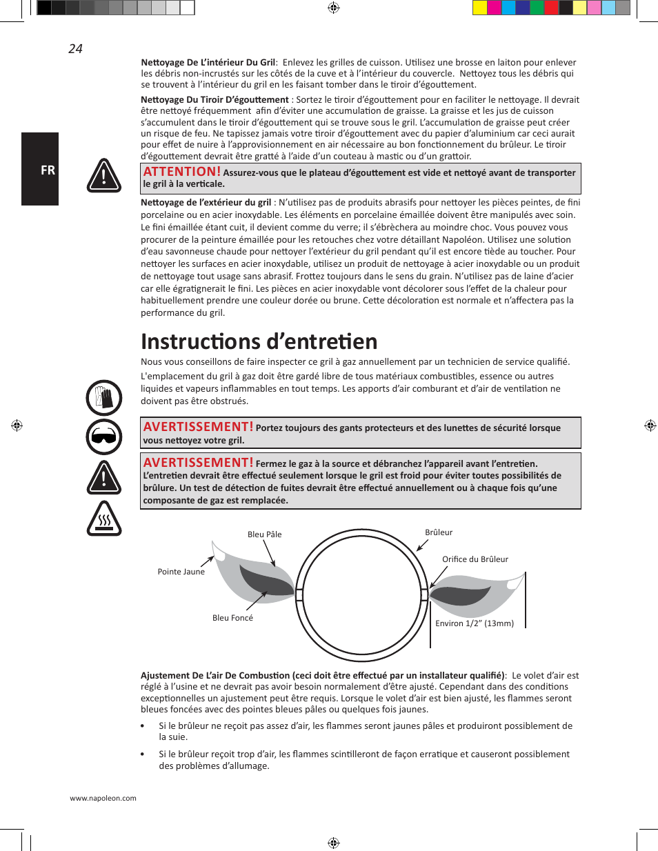 Instructions d’entretien, 24 fr, Attention | Avertissement | Napoleon Travel Q Series 26 Inch TravelQ™ 240 Portable Gas Grill Manual User Manual | Page 24 / 32