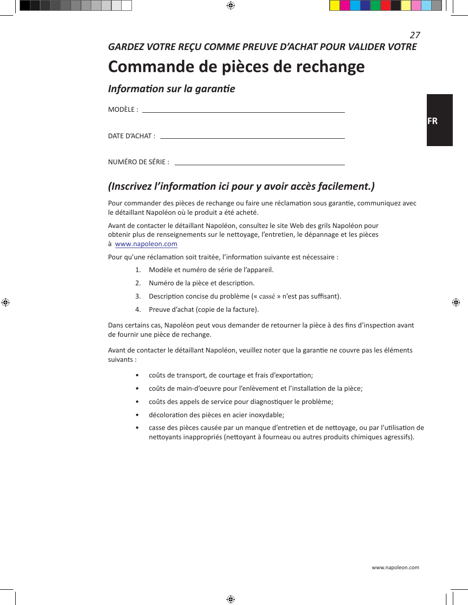 Commande de pièces de rechange, Information sur la garantie, 27 fr | Napoleon Travel Q Series 26 Inch TravelQ™ 240 Portable Gas Grill Manual User Manual | Page 27 / 32