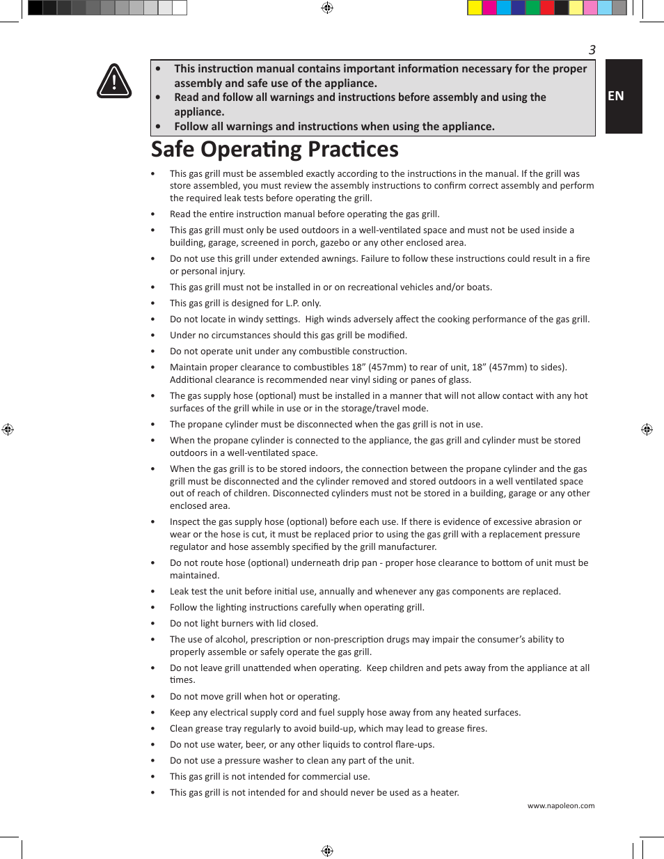 Safe operating practices | Napoleon Travel Q Series 26 Inch TravelQ™ 240 Portable Gas Grill Manual User Manual | Page 3 / 32