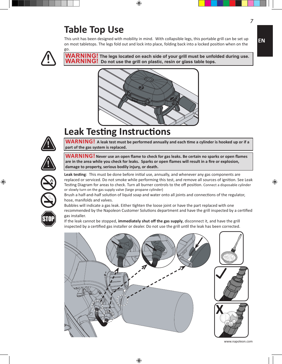 Table top use, Leak testing instructions | Napoleon Travel Q Series 26 Inch TravelQ™ 240 Portable Gas Grill Manual User Manual | Page 7 / 32