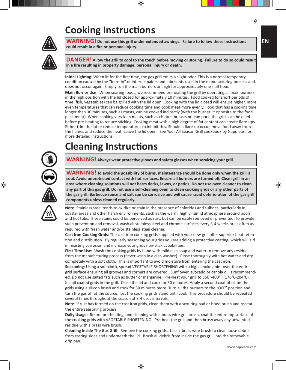 Cooking instructions, Cleaning instructions, Warning | Danger | Napoleon Travel Q Series 26 Inch TravelQ™ 240 Portable Gas Grill Manual User Manual | Page 9 / 32