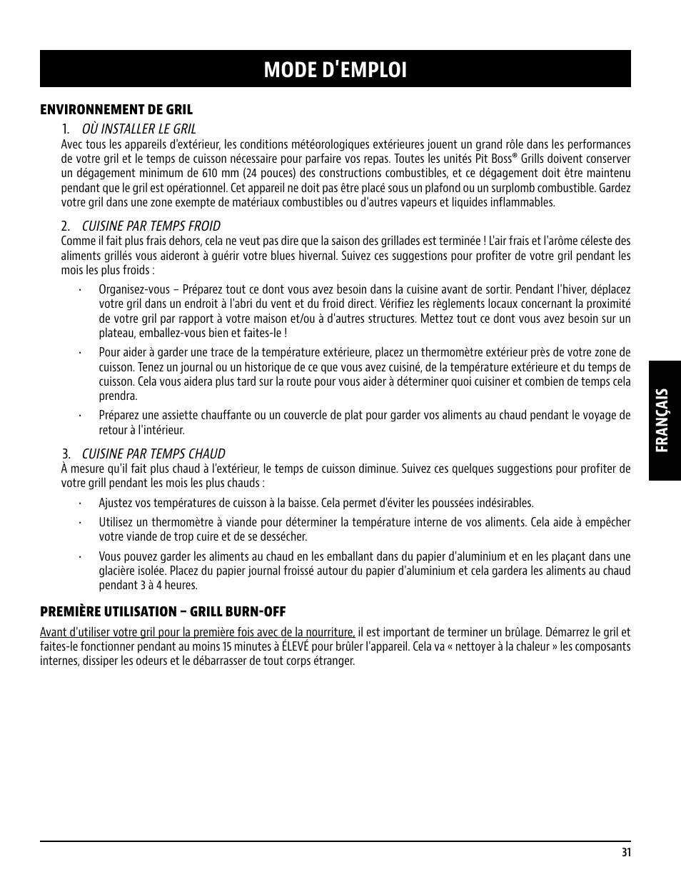 Mode d'emploi, Français | Pit Boss 45 Inch Portable Gas Grill Owners Guide User Manual | Page 31 / 40