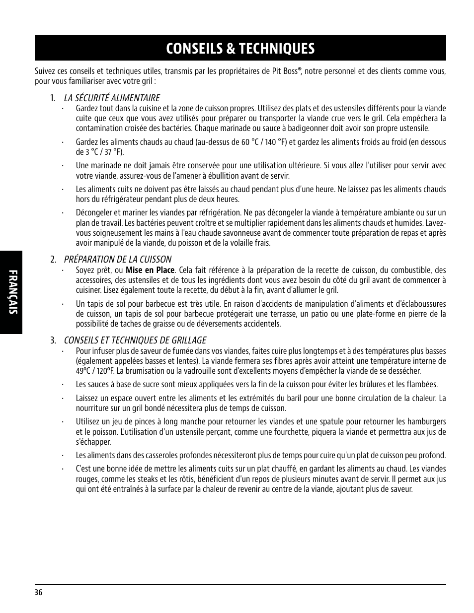 Conseils & techniques, Français | Pit Boss 45 Inch Portable Gas Grill Owners Guide User Manual | Page 36 / 40