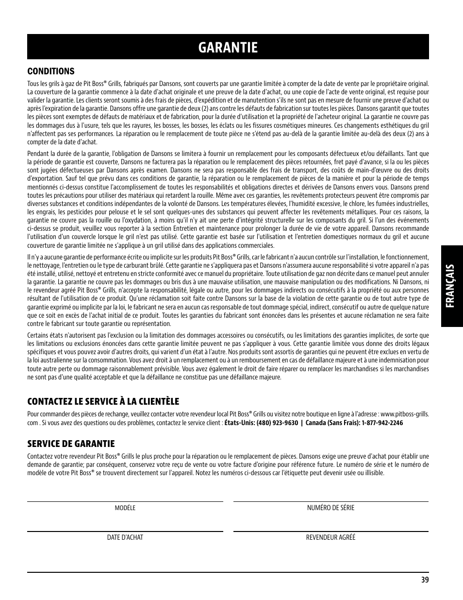 Garantie, Français, Conditions | Contactez le service à la clientèle, Service de garantie | Pit Boss 45 Inch Portable Gas Grill Owners Guide User Manual | Page 39 / 40