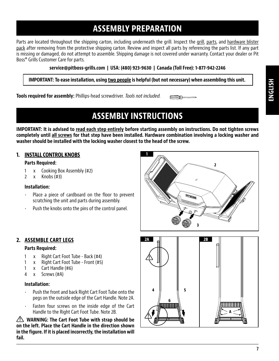 Assembly preparation, Assembly instructions, English | Pit Boss 45 Inch Portable Gas Grill Owners Guide User Manual | Page 7 / 40