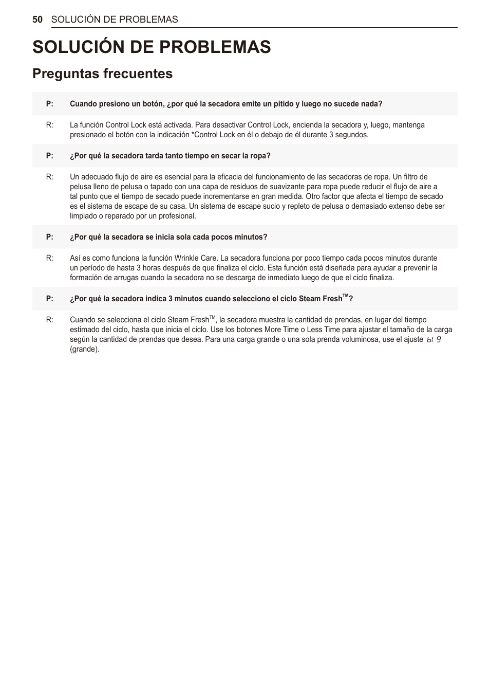 Solución de problemas, Preguntas frecuentes | LG 27 Inch Electric Smart Dryer Owner Manual User Manual | Page 114 / 128