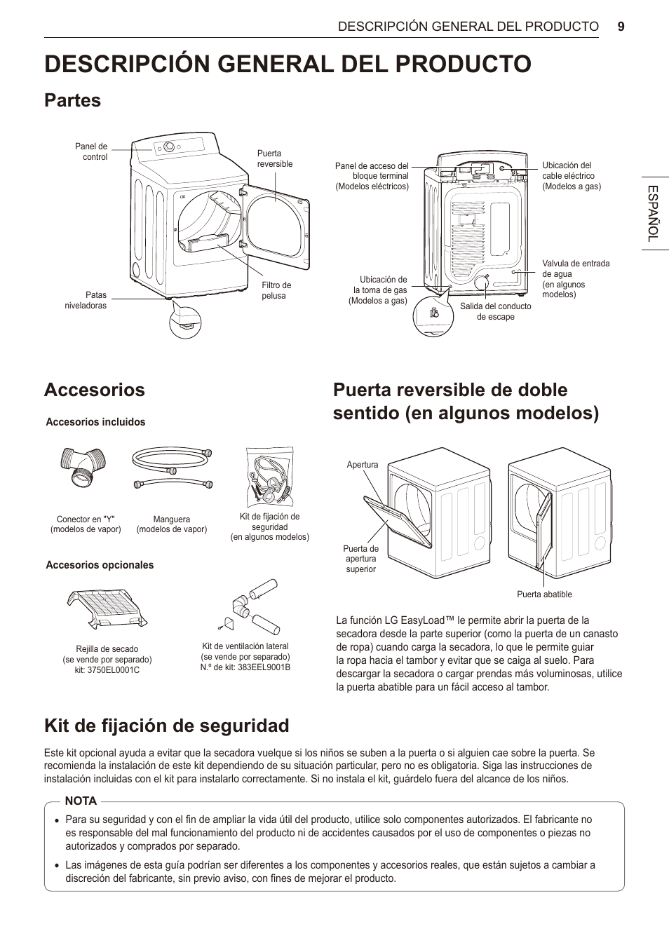 Descripción general del producto, Partes, Accesorios | Kit de fijación de seguridad, Descripción general del, Producto, 9 partes 9 accesorios 9, 9descripción general del producto | LG 27 Inch Electric Smart Dryer Owner Manual User Manual | Page 73 / 128