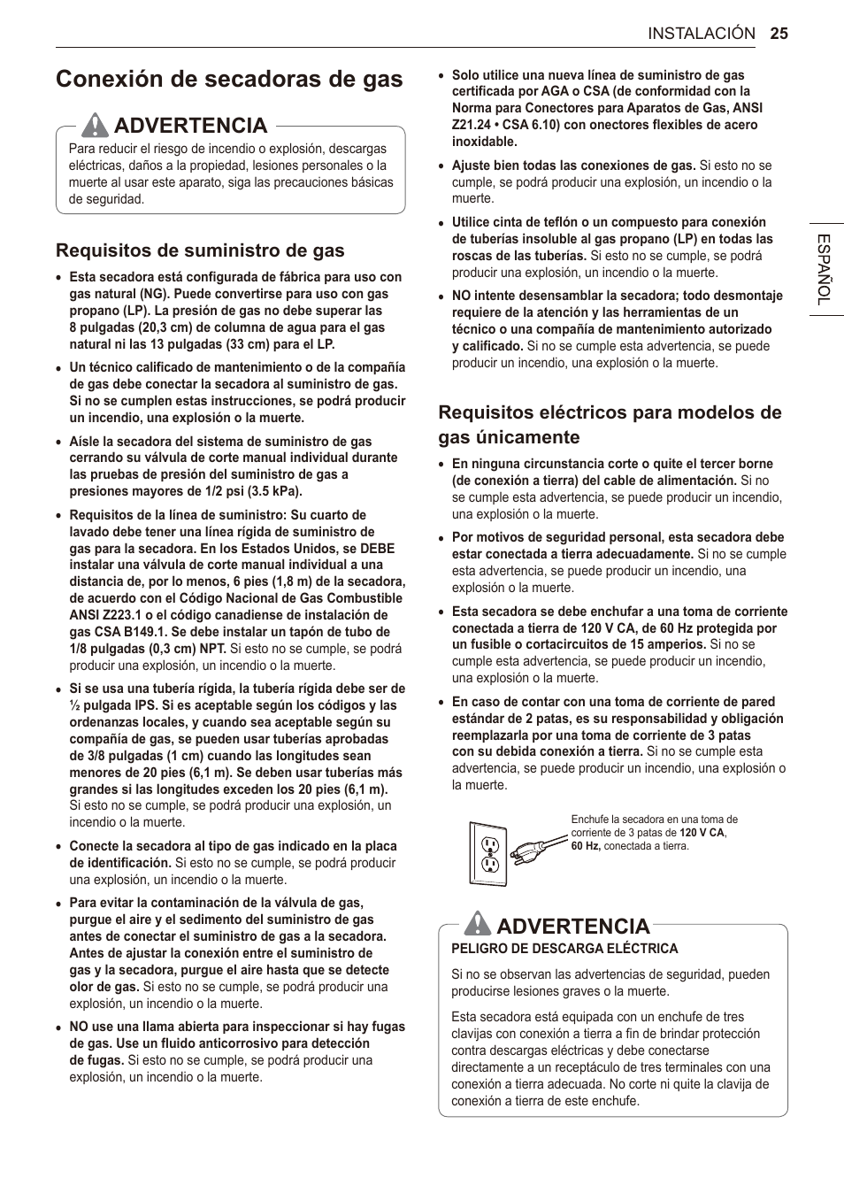 Conexión de secadoras de gas, 25 conexión de secadoras de gas, Advertencia | Requisitos de suministro de gas | LG 27 Inch Electric Smart Dryer Owner Manual User Manual | Page 89 / 128