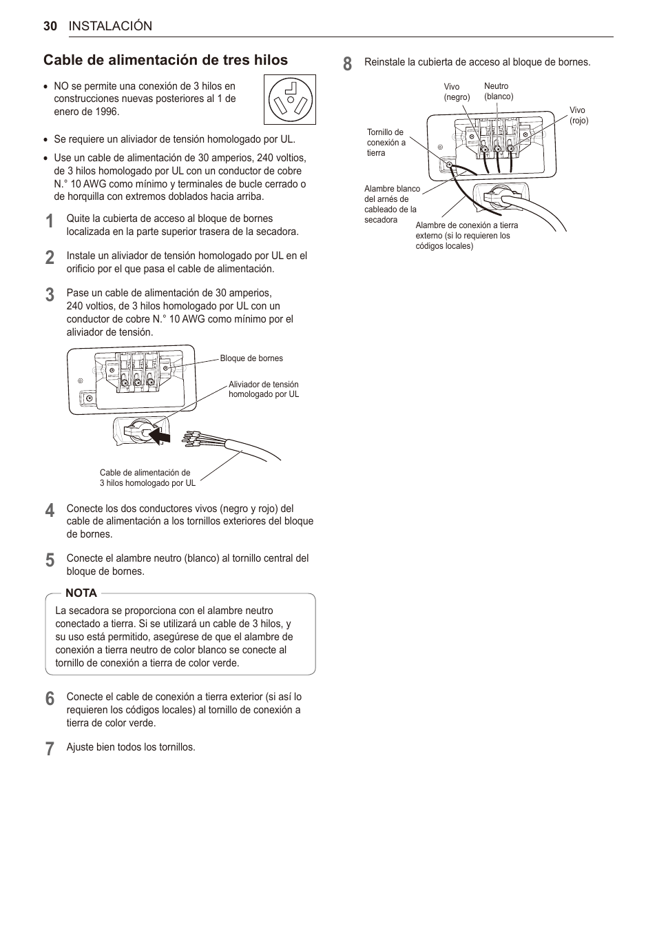 Cable de alimentación de tres hilos | LG 27 Inch Electric Smart Dryer Owner Manual User Manual | Page 94 / 128