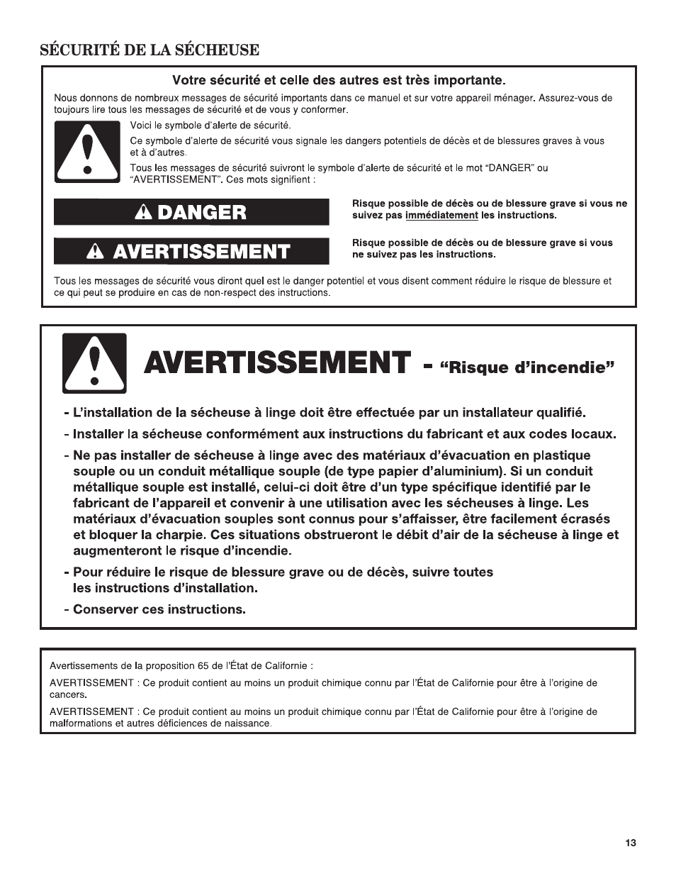 Sécurité de la sécheuse | Amana 29 Inch Electric Dryer Use and Care Guide User Manual | Page 13 / 24