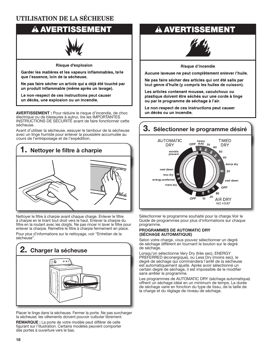 Utilisation de la sécheuse, Nettoyer le filtre à charpie, Charger la sécheuse | Sélectionner le programme désiré | Amana 29 Inch Electric Dryer Use and Care Guide User Manual | Page 18 / 24