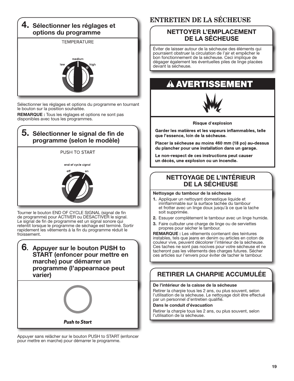 Entretien de la sécheuse, Sélectionner les réglages et options du programme, Retirer la charpie accumulée | Amana 29 Inch Electric Dryer Use and Care Guide User Manual | Page 19 / 24