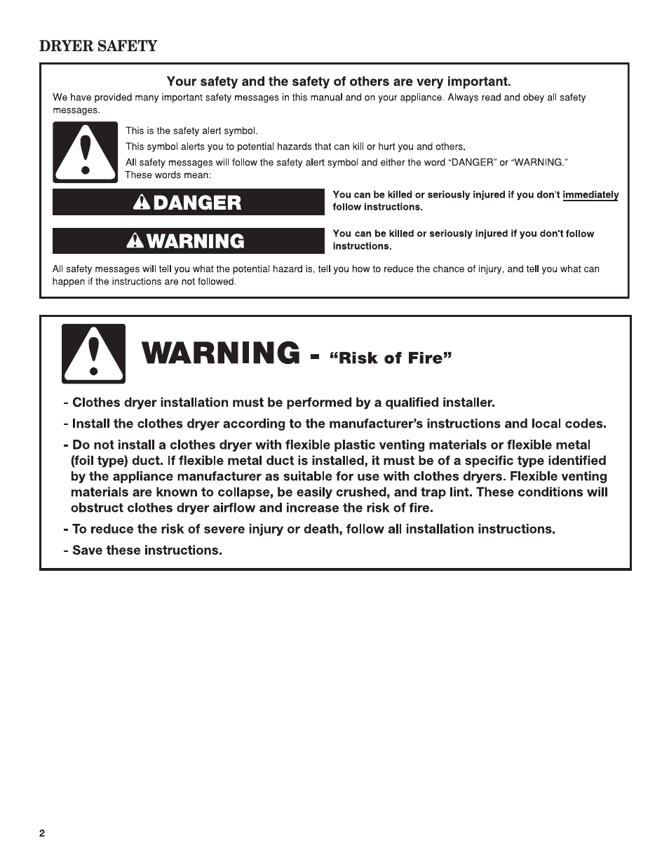 Dryer safety | Amana 29 Inch Electric Dryer Use and Care Guide User Manual | Page 2 / 24