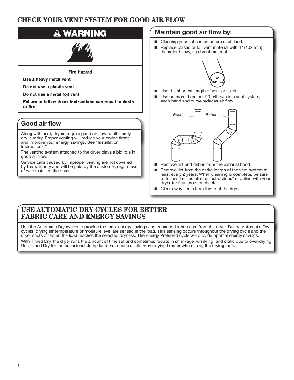 Check your vent system for good air flow, Good air flow, Maintain good air flow by | Amana 29 Inch Electric Dryer Use and Care Guide User Manual | Page 4 / 24