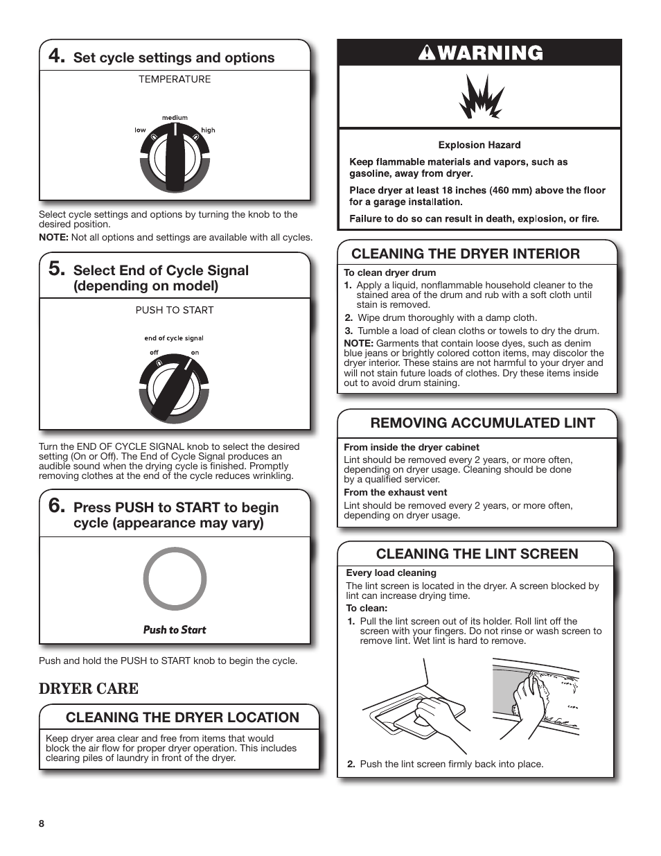 Dryer care, Set cycle settings and options, Select end of cycle signal (depending on model) | Cleaning the dryer interior, Removing accumulated lint | Amana 29 Inch Electric Dryer Use and Care Guide User Manual | Page 8 / 24
