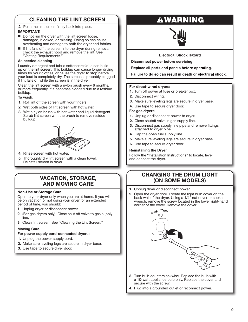 Cleaning the lint screen, Vacation, storage, and moving care, Changing the drum light (on some models) | Amana 29 Inch Electric Dryer Use and Care Guide User Manual | Page 9 / 24