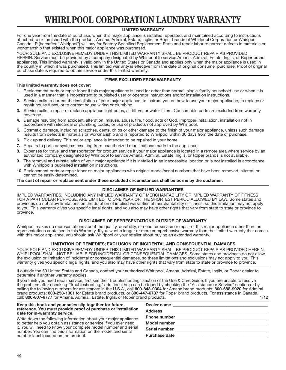 Amana 29 Inch Electric Dryer Warranty User Manual | 3 pages