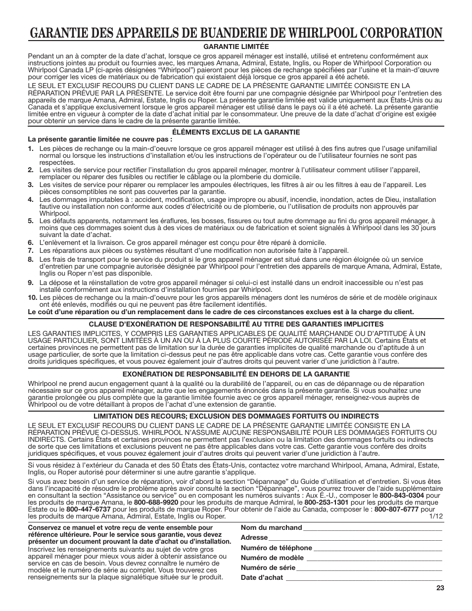 Amana 29 Inch Electric Dryer Warranty User Manual | Page 2 / 3