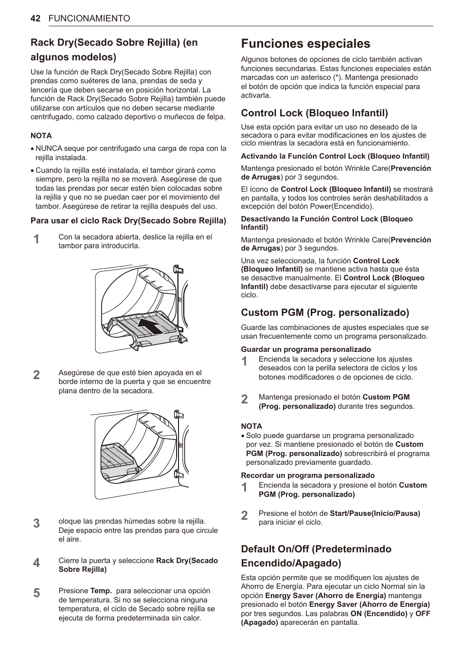 Funciones especiales, 42 funciones especiales, Control lock (bloqueo infantil) | Custom pgm (prog. personalizado), Default on/off (predeterminado encendido/apagado) | LG TurboSteam Series 27 Inch Electric Dryer User Manual and Installation Guide User Manual | Page 104 / 124