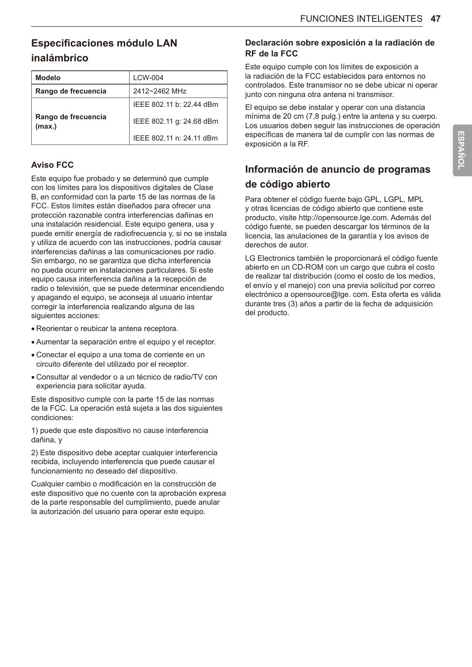 Especificaciones módulo lan inalámbrico | LG TurboSteam Series 27 Inch Electric Dryer User Manual and Installation Guide User Manual | Page 109 / 124
