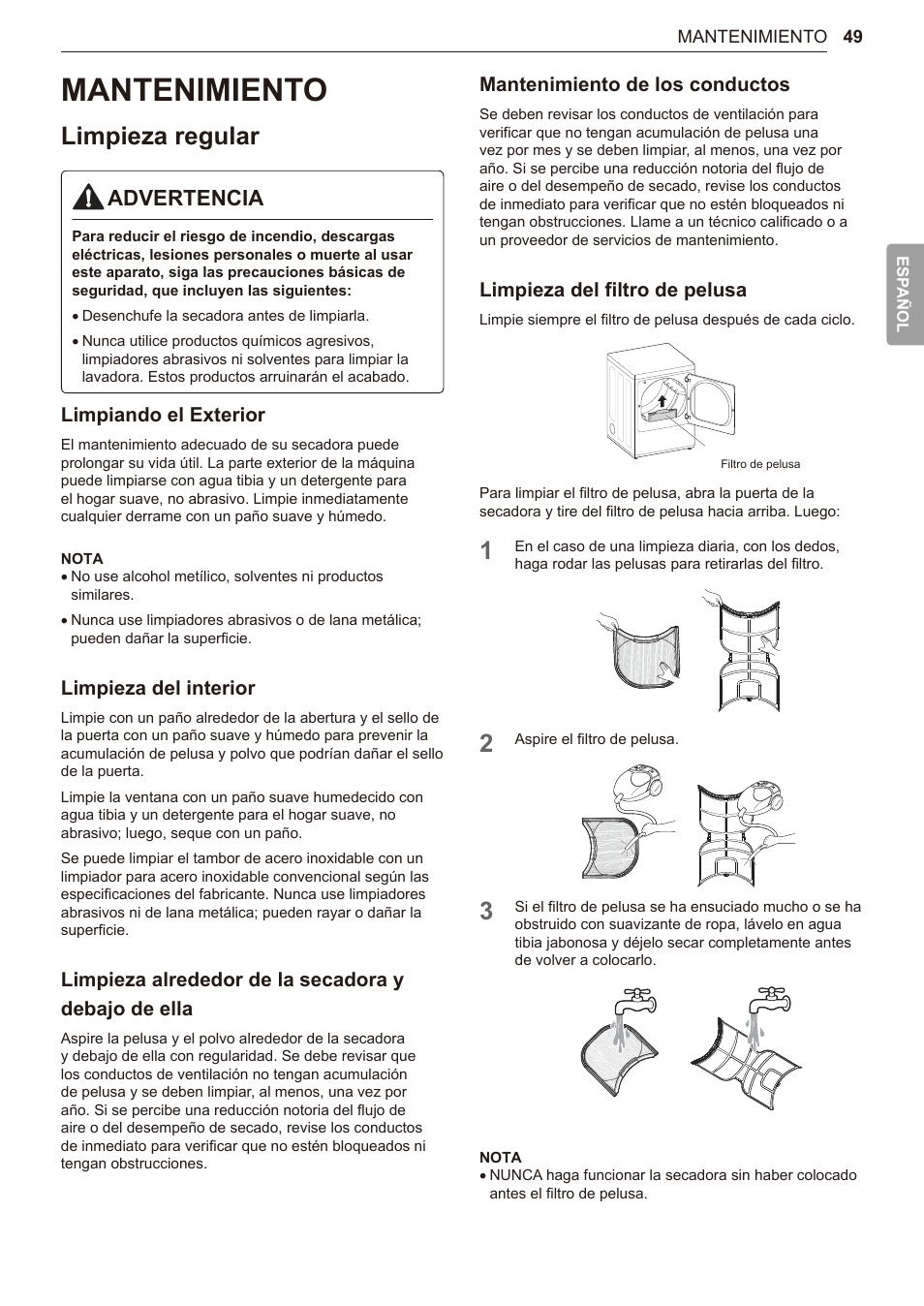 Mantenimiento, Limpieza regular, 49 mantenimiento | 49 limpieza regular, Advertencia, Limpiando el exterior, Limpieza del interior, Limpieza alrededor de la secadora y debajo de ella, Mantenimiento de los conductos, Limpieza del filtro de pelusa | LG TurboSteam Series 27 Inch Electric Dryer User Manual and Installation Guide User Manual | Page 111 / 124