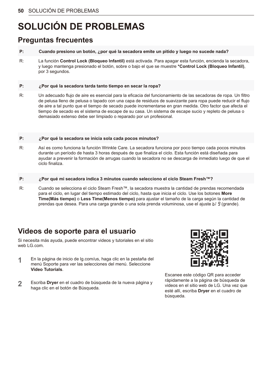 Solución de problemas, Preguntas frecuentes, Videos de soporte para el usuario | 50 solución de problemas | LG TurboSteam Series 27 Inch Electric Dryer User Manual and Installation Guide User Manual | Page 112 / 124