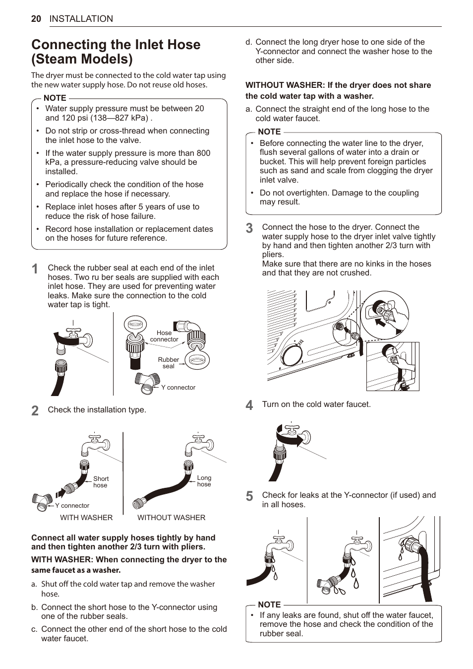 Connecting the inlet hose(steam models), 20 connecting the inlet hose, Steam models) | Connecting the inlet hose (steam models) | LG TurboSteam Series 27 Inch Electric Dryer User Manual and Installation Guide User Manual | Page 20 / 124