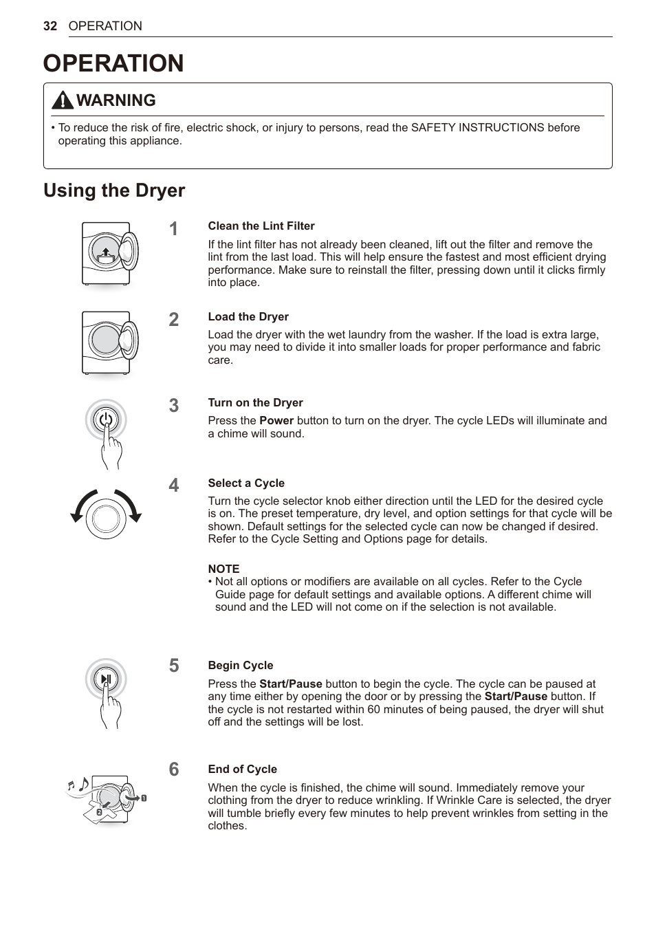 Operation, Using the dryer, 32 operation | 32 using the dryer, Warning | LG TurboSteam Series 27 Inch Electric Dryer User Manual and Installation Guide User Manual | Page 32 / 124