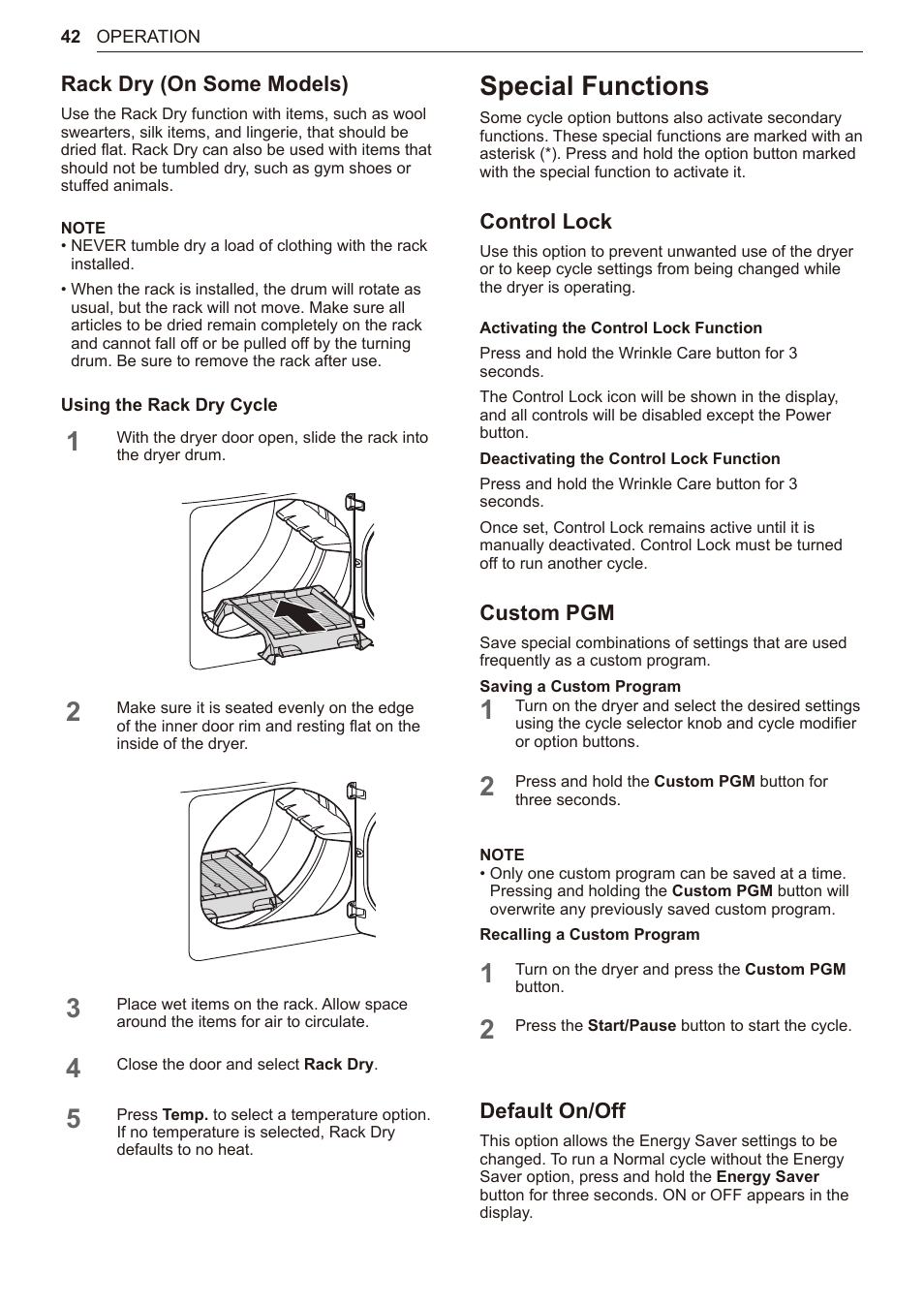 Special functions, 42 special functions, Rack dry (on some models) | Control lock, Custom pgm, Default on/off | LG TurboSteam Series 27 Inch Electric Dryer User Manual and Installation Guide User Manual | Page 42 / 124