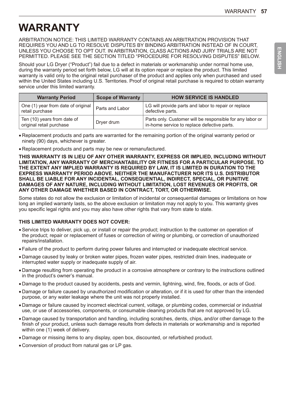 Warranty, 57 warranty | LG TurboSteam Series 27 Inch Electric Dryer User Manual and Installation Guide User Manual | Page 57 / 124