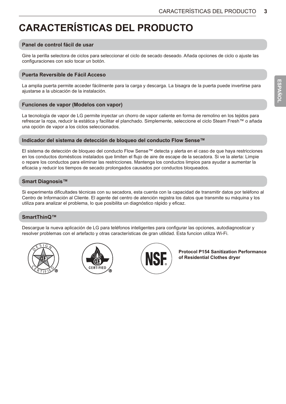 Características del producto, 3 características del, Producto | LG TurboSteam Series 27 Inch Electric Dryer User Manual and Installation Guide User Manual | Page 65 / 124
