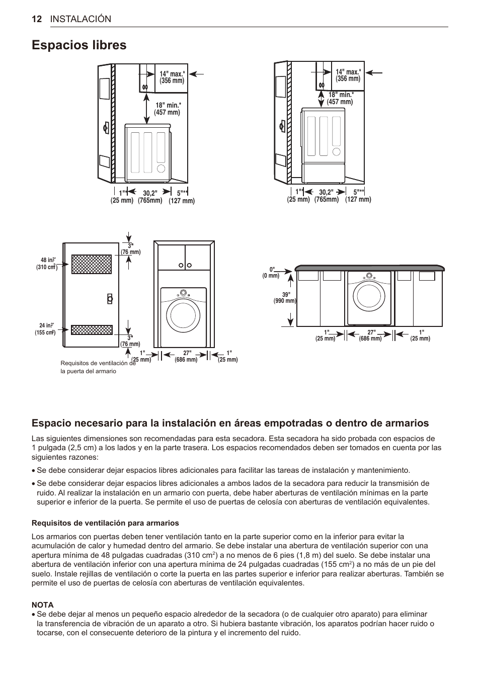 Espacios libres, 12 espacios libres, 12 instalación | LG TurboSteam Series 27 Inch Electric Dryer User Manual and Installation Guide User Manual | Page 74 / 124