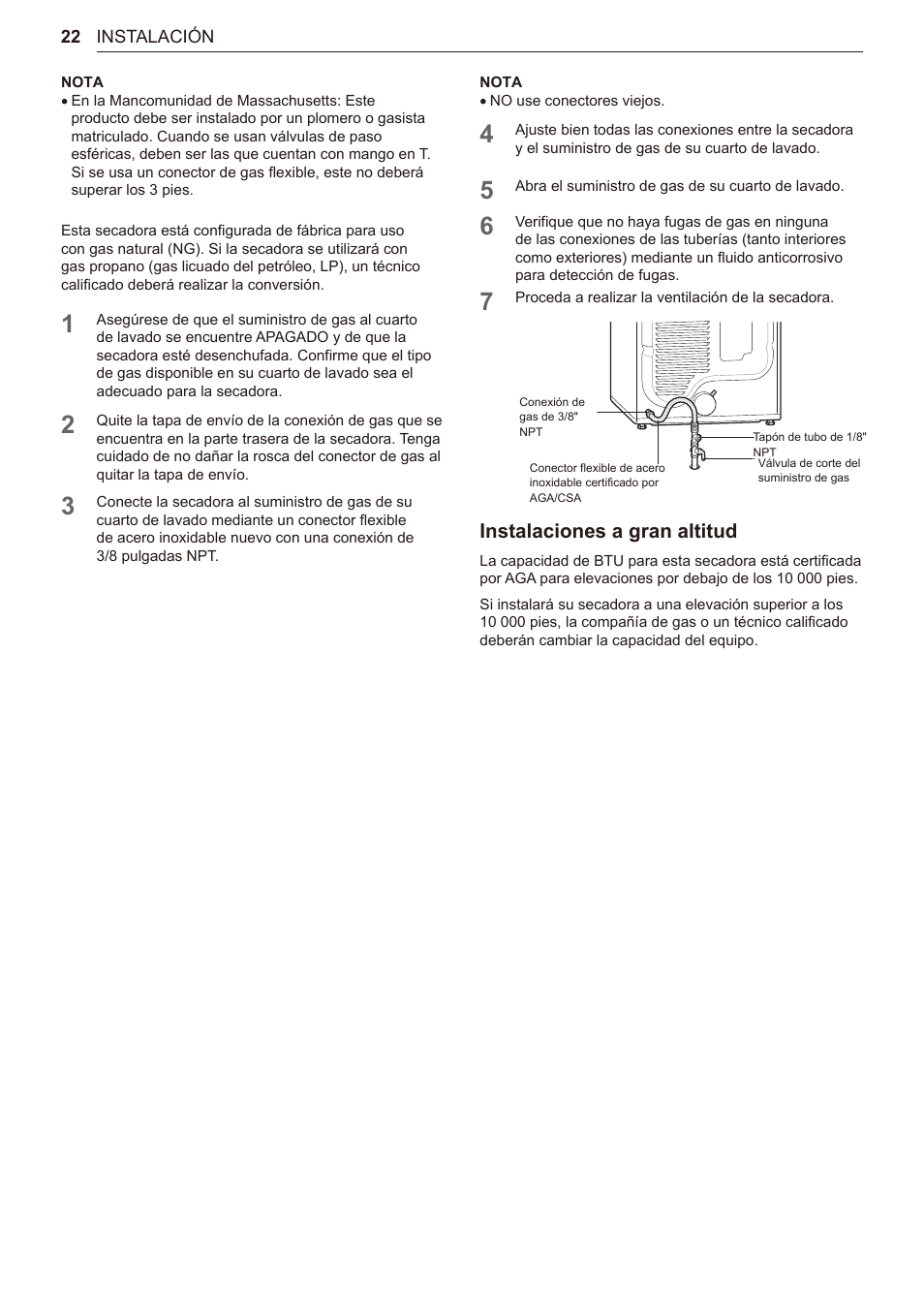 Instalaciones a gran altitud | LG TurboSteam Series 27 Inch Electric Dryer User Manual and Installation Guide User Manual | Page 84 / 124