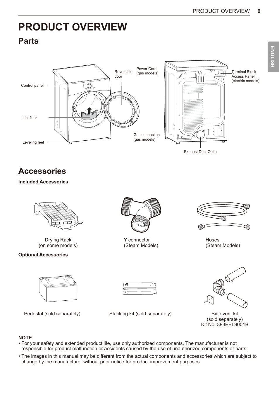 Product overview, Parts, Accessories | 9 product overview, 9 parts 9 accessories | LG TurboSteam Series 27 Inch Electric Dryer User Manual and Installation Guide User Manual | Page 9 / 124