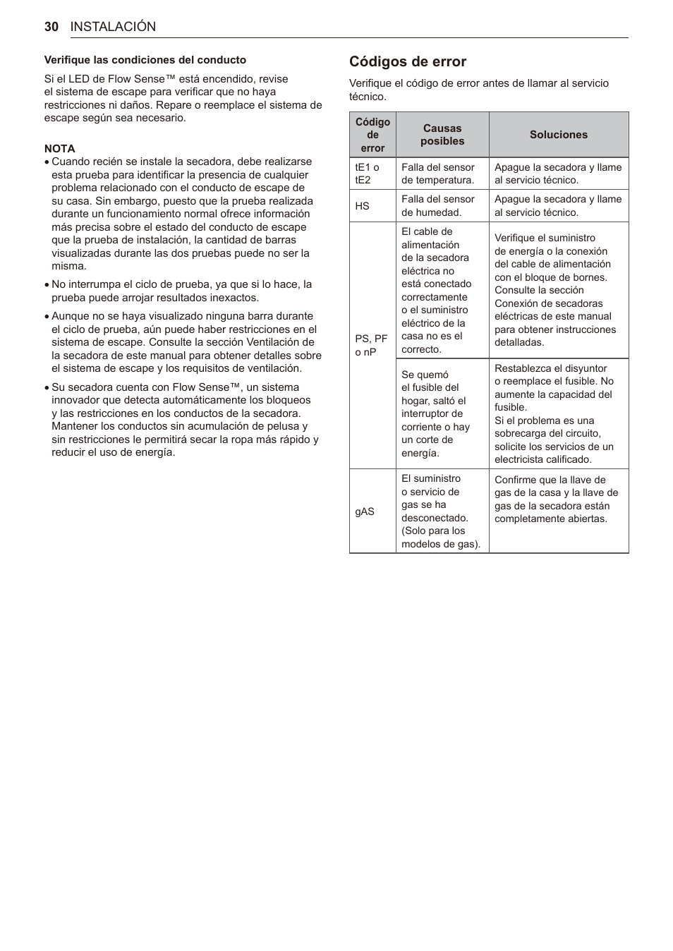 Códigos de error | LG TurboSteam Series 27 Inch Electric Dryer User Manual and Installation Guide User Manual | Page 92 / 124