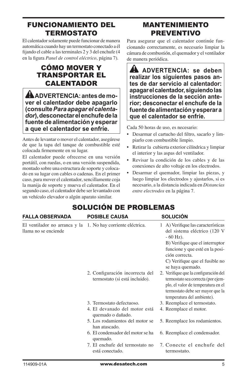 Funcionamiento del termostato, Cómo mover y transportar el calentador, Mantenimiento preventivo | Solución de problemas | Desa 280-IF User Manual | Page 21 / 48