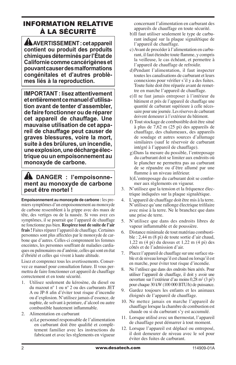 Information relative à la sécurité | Desa 280-IF User Manual | Page 34 / 48