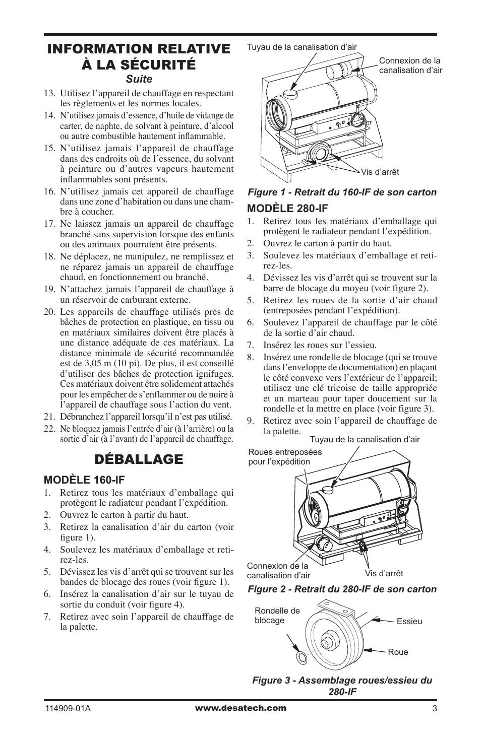 Déballage, Information relative à la sécurité | Desa 280-IF User Manual | Page 35 / 48